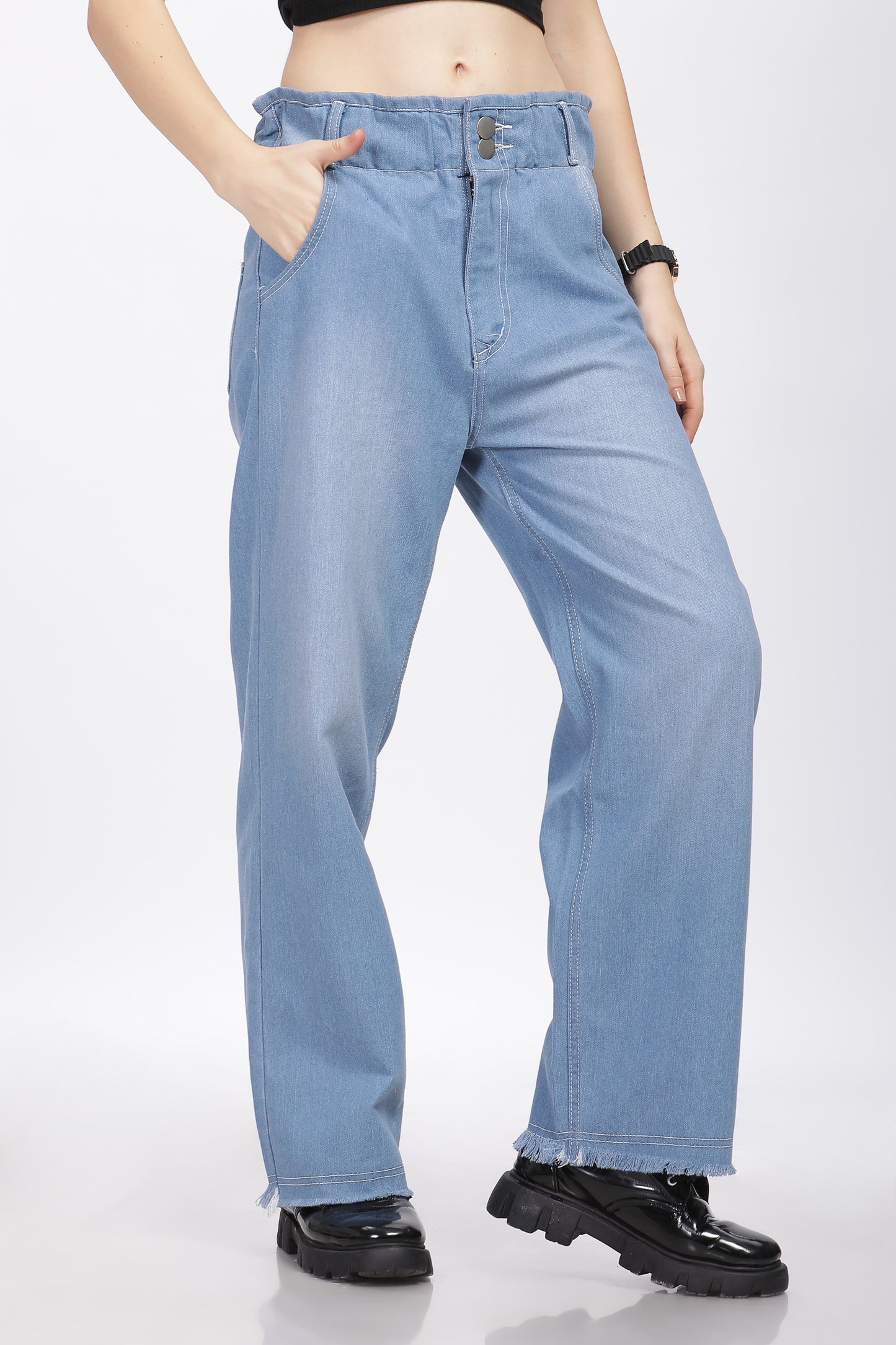 Light Blue 2-Button Wide Leg Jeans with Elastic Waist