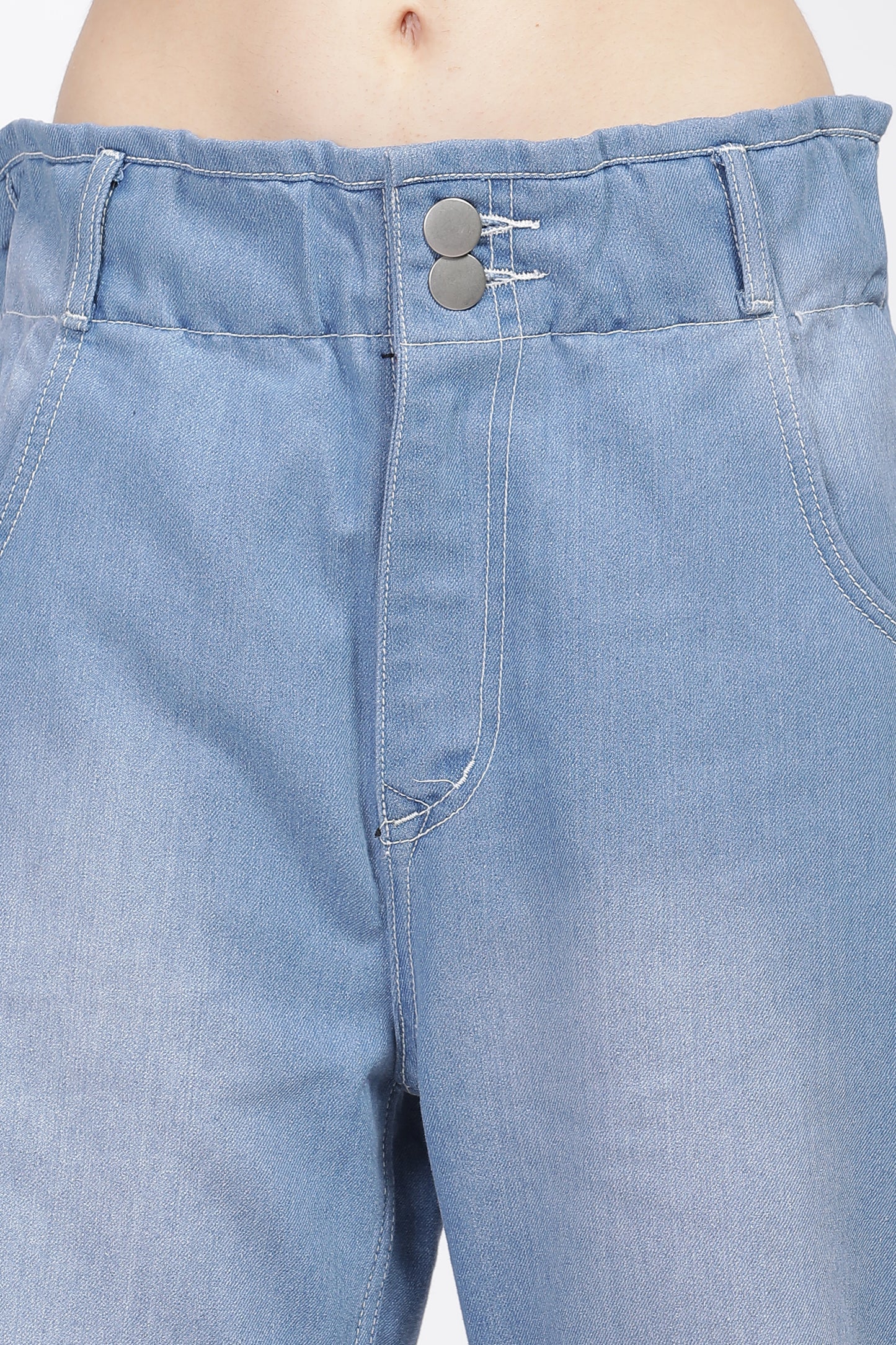 Light Blue 2-Button Wide Leg Jeans with Elastic Waist