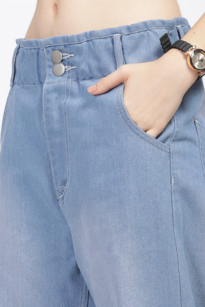 Light Blue 2-Button Wide Leg Jeans with Elastic Waist