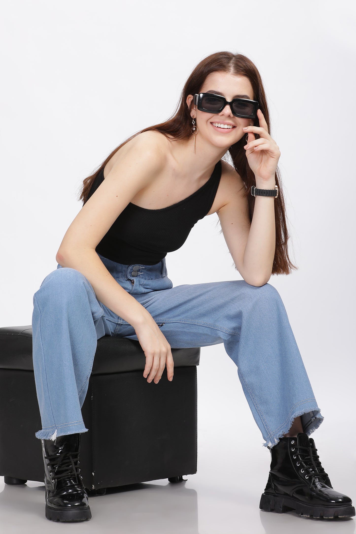 Light Blue 2-Button Wide Leg Jeans with Elastic Waist