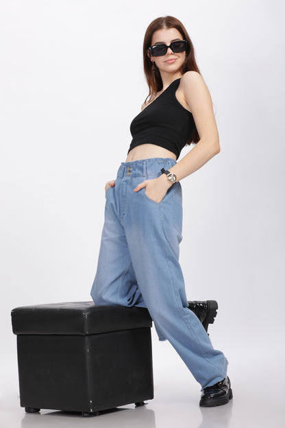 Light Blue 2-Button Wide Leg Jeans with Elastic Waist