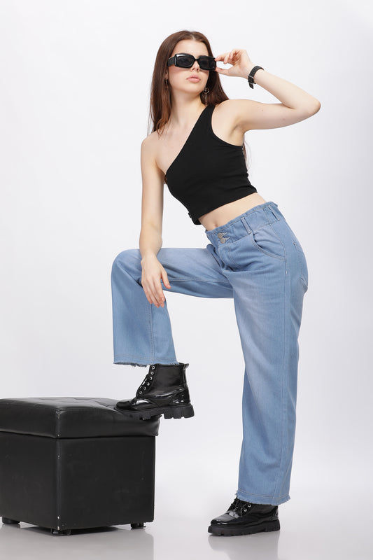 Light Blue 2-Button Wide Leg Jeans with Elastic Waist