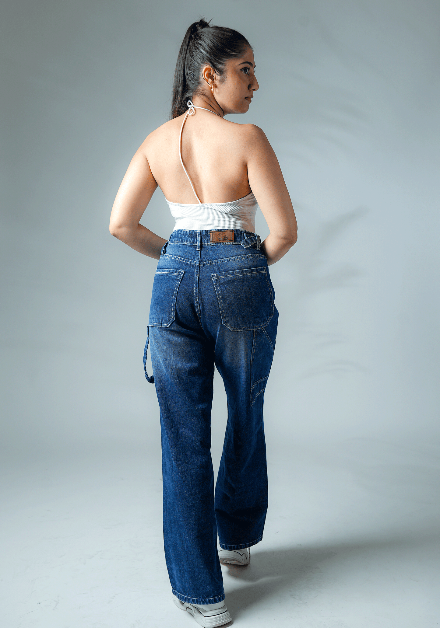 Dark Blue Wide Leg Jeans with Waist Buckle