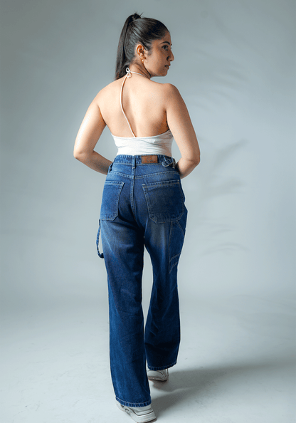 Dark Blue Wide Leg Jeans with Waist Buckle