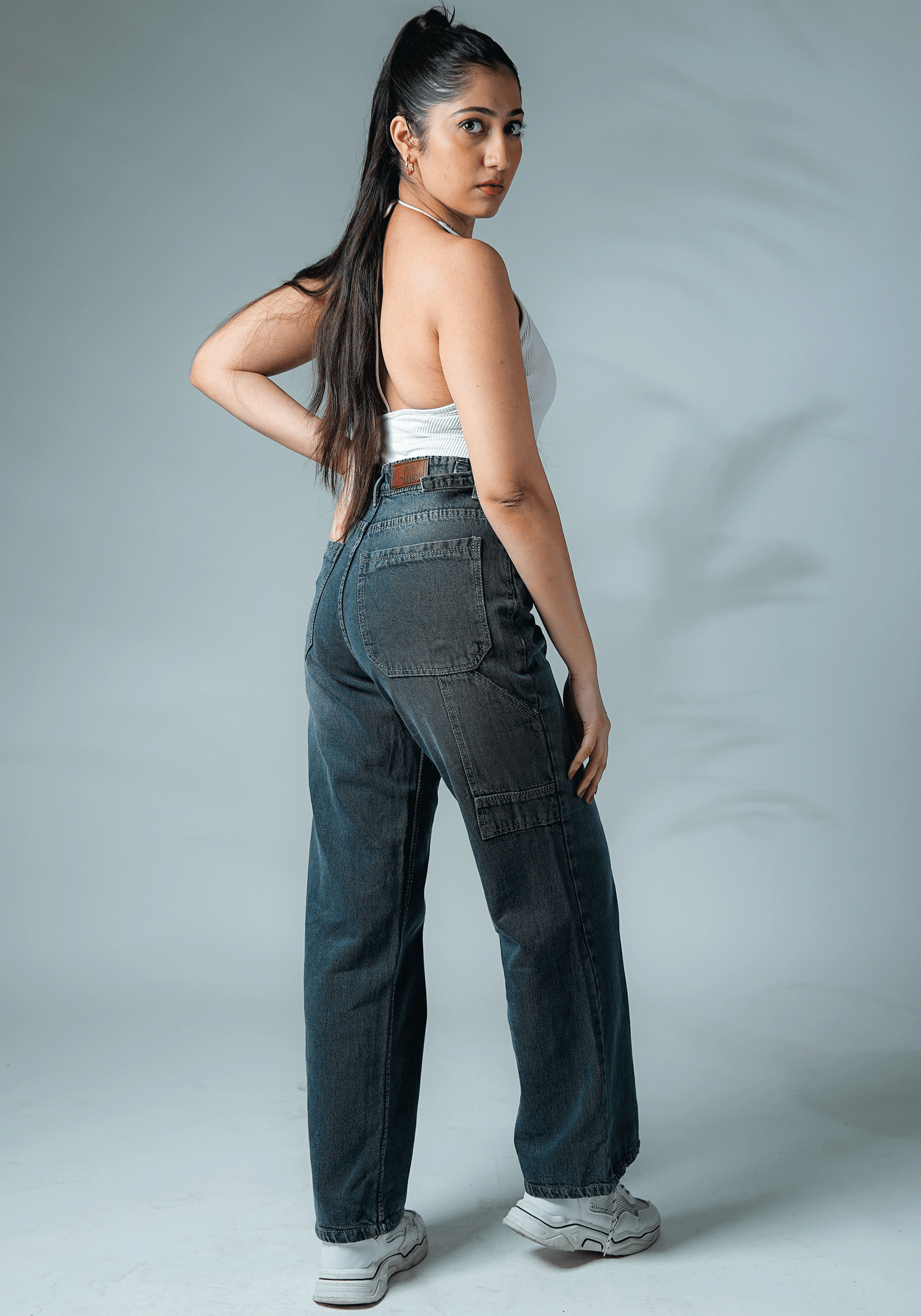 Dark Grey Wide Leg Jeans with Waist Buckle