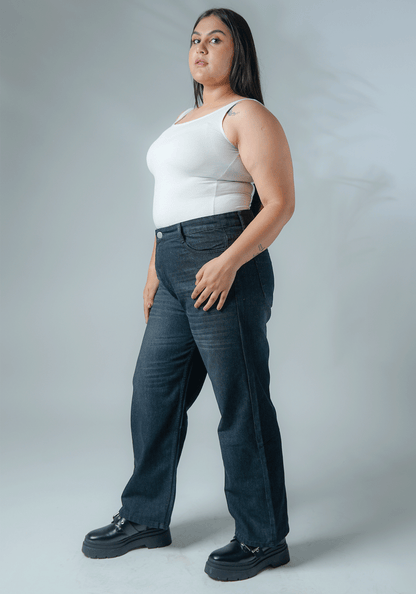 Vintage Black Wide Leg Jeans with Whiskers for Curvy