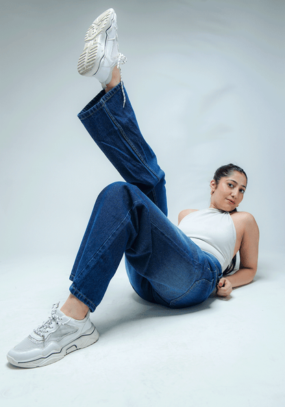 Dark Blue Wide Leg Jeans with Whiskers