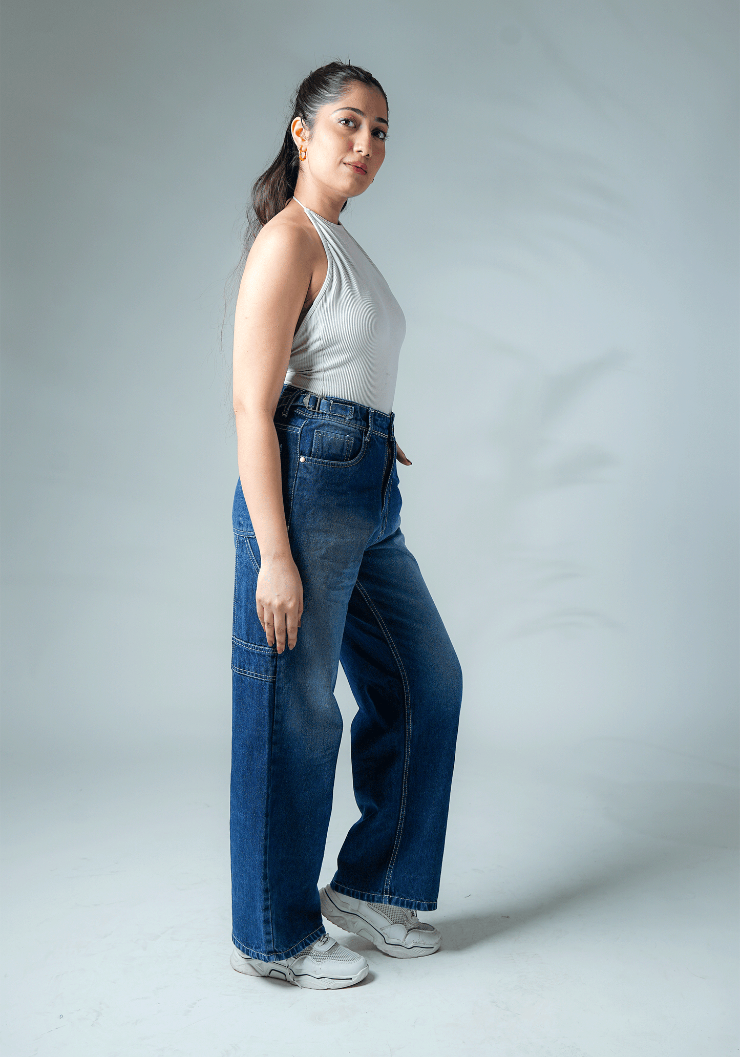 Dark Blue Wide Leg Jeans with Waist Buckle