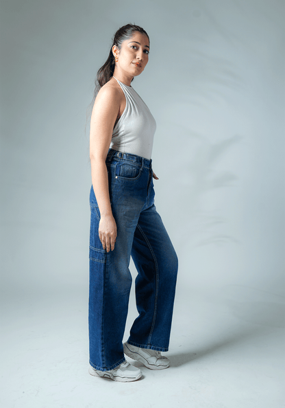 Dark Blue Wide Leg Jeans with Waist Buckle