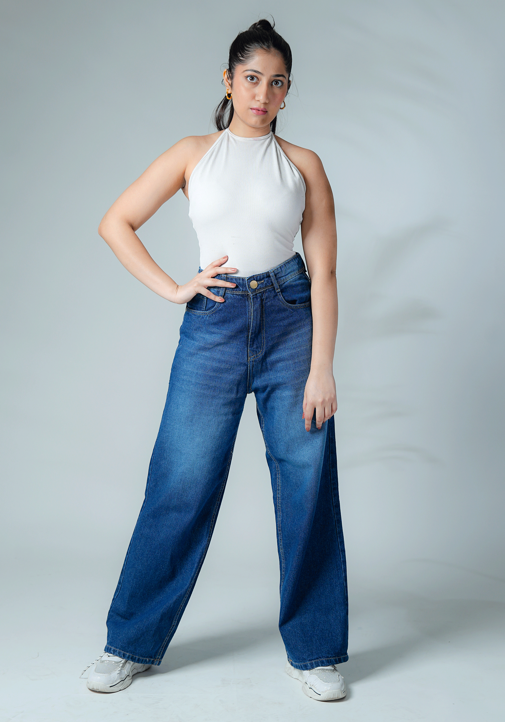Dark Blue Wide Leg Jeans with Whiskers