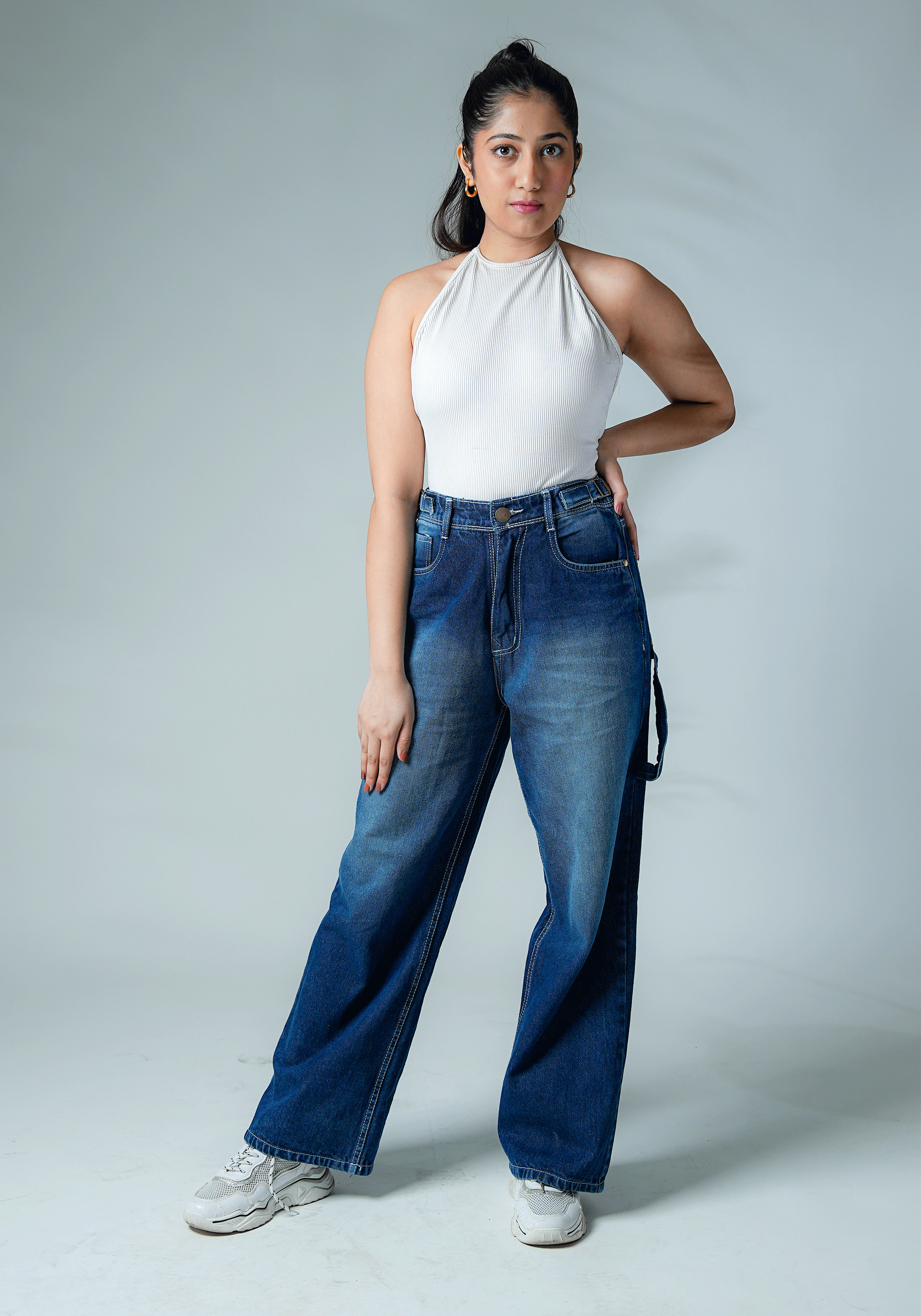 Dark Blue Wide Leg Jeans with Waist Buckle