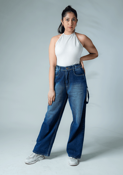 Dark Blue Wide Leg Jeans with Waist Buckle