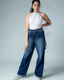Dark Blue Wide Leg Jeans with Waist Buckle