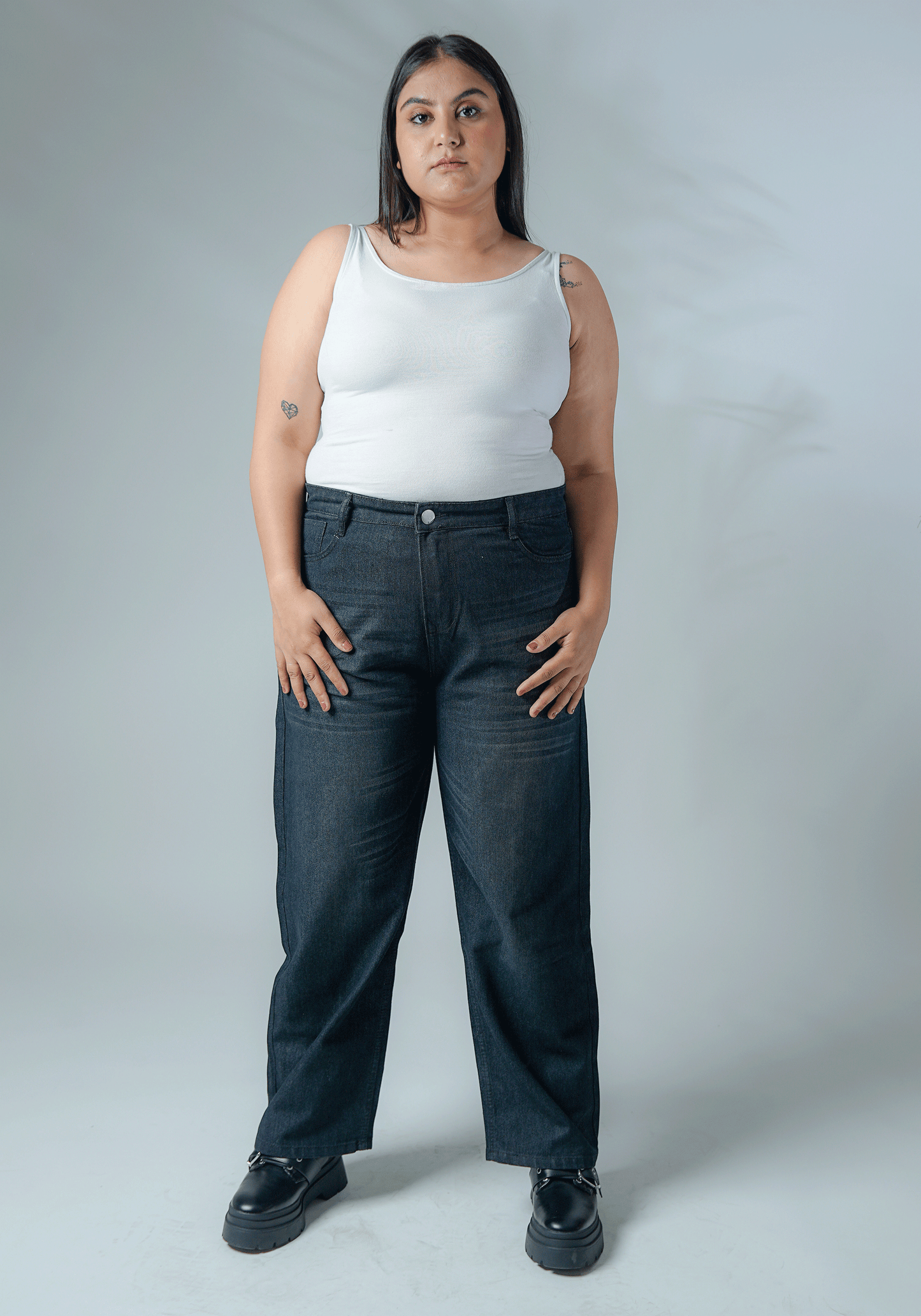 Vintage Black Wide Leg Jeans with Whiskers for Curvy