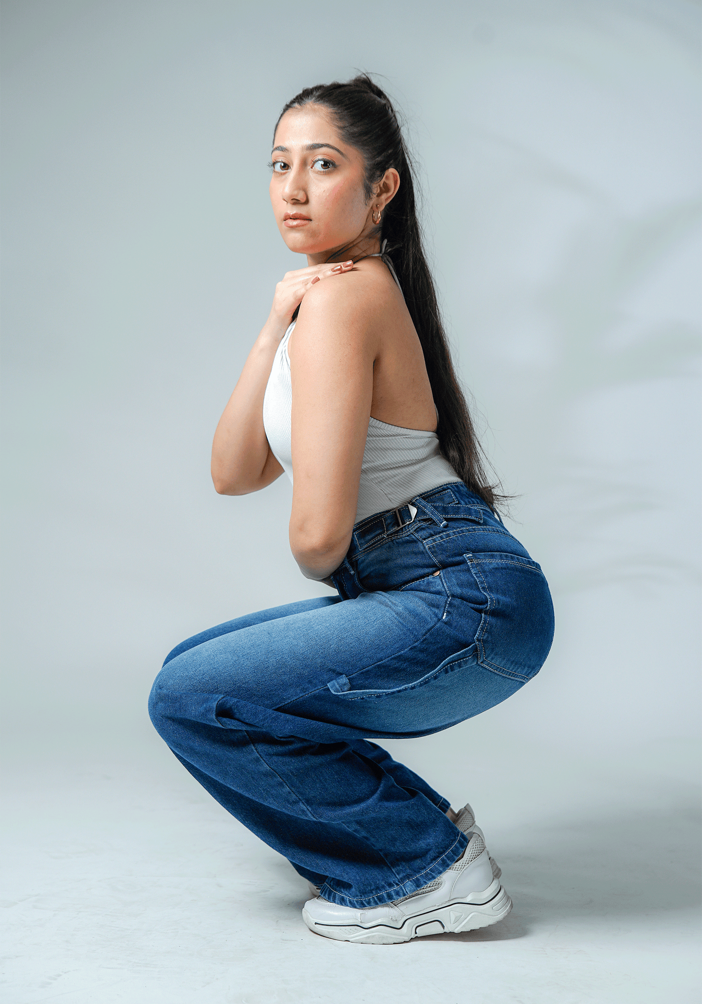 Dark Blue Wide Leg Jeans with Waist Buckle