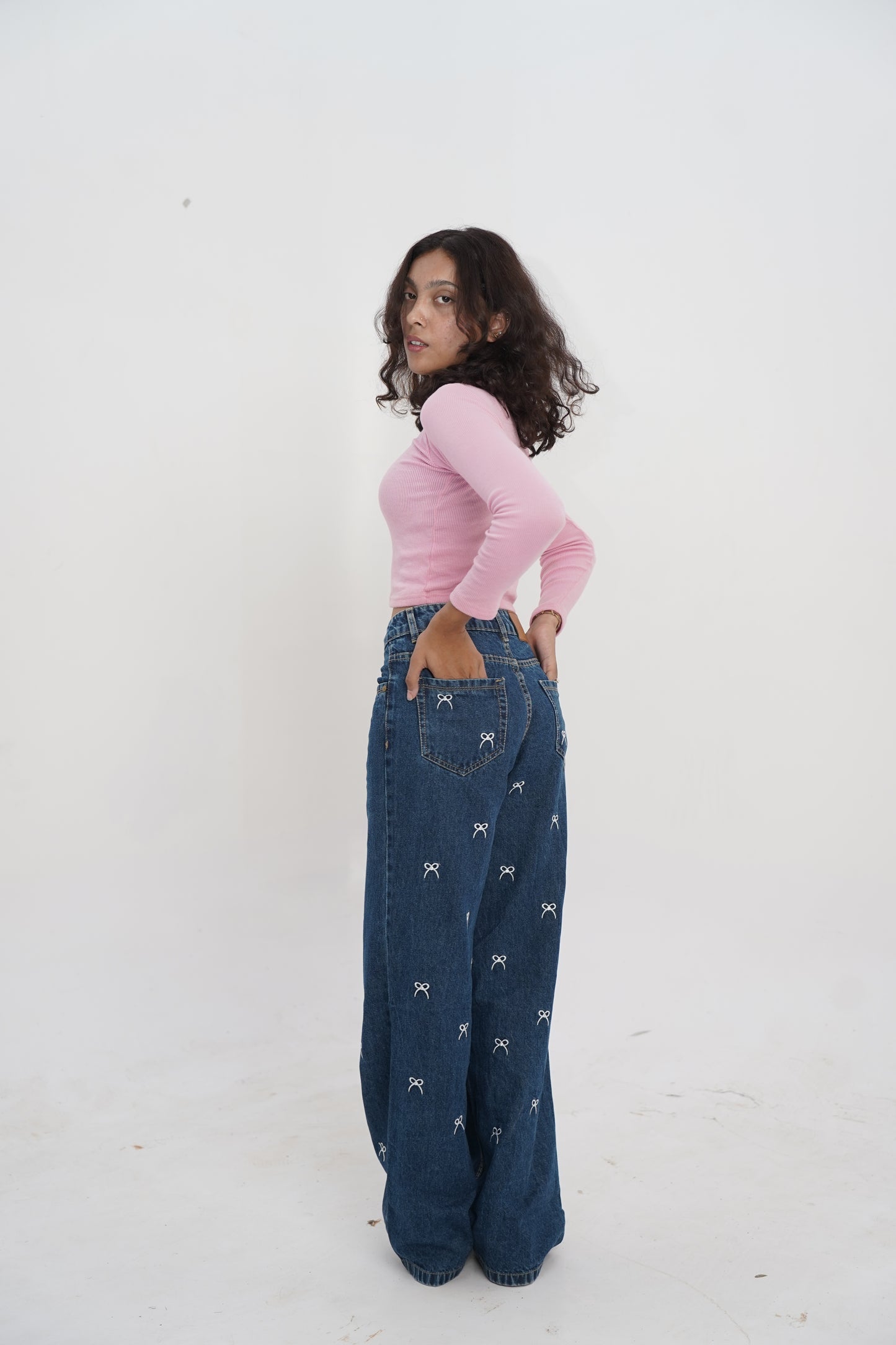 Dark Wash All-Over Bow Embroidered Baggy Jeans