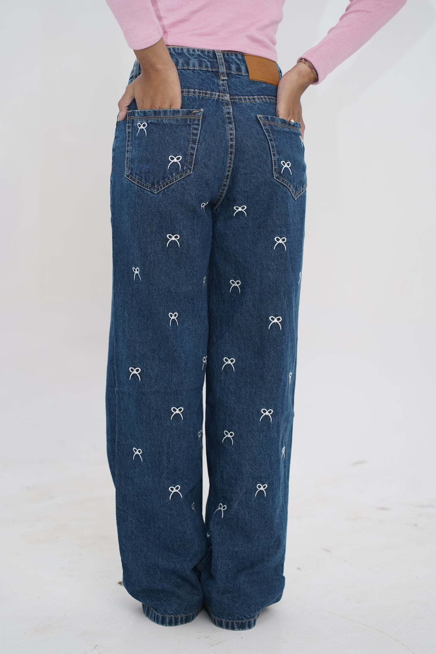 Dark Wash All-Over Bow Embroidered Baggy Jeans