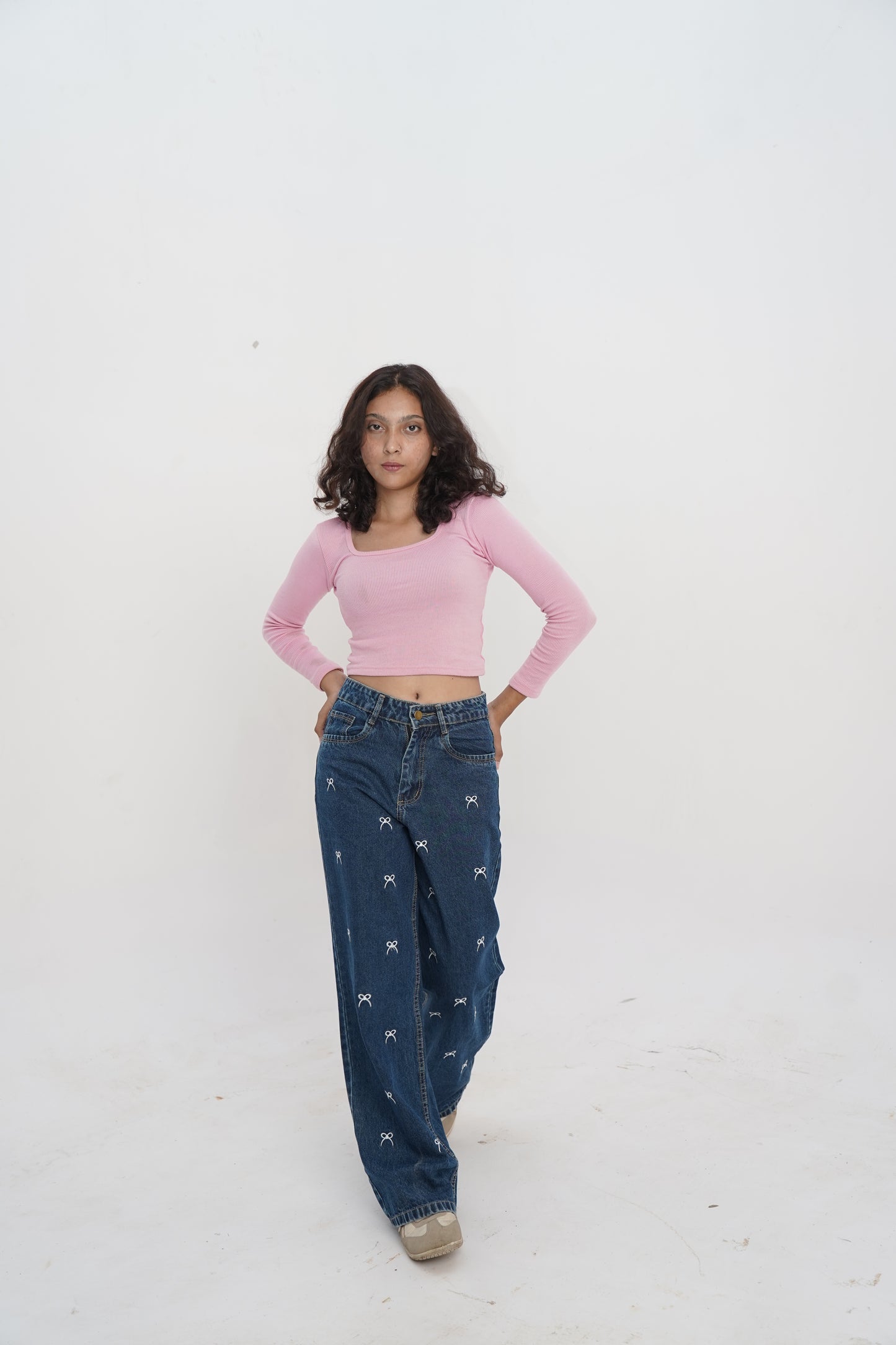 Dark Wash All-Over Bow Embroidered Baggy Jeans