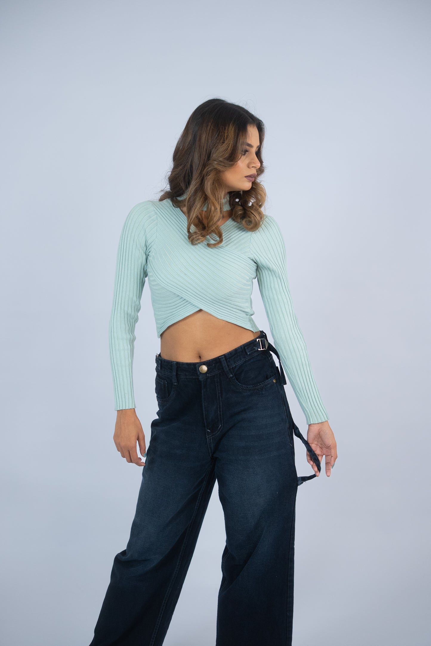 Wide-Leg Buckle Jeans (Deep Blue)