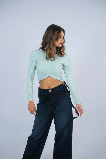 Wide-Leg Buckle Jeans (Deep Blue)