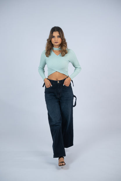 Wide-Leg Buckle Jeans (Deep Blue)