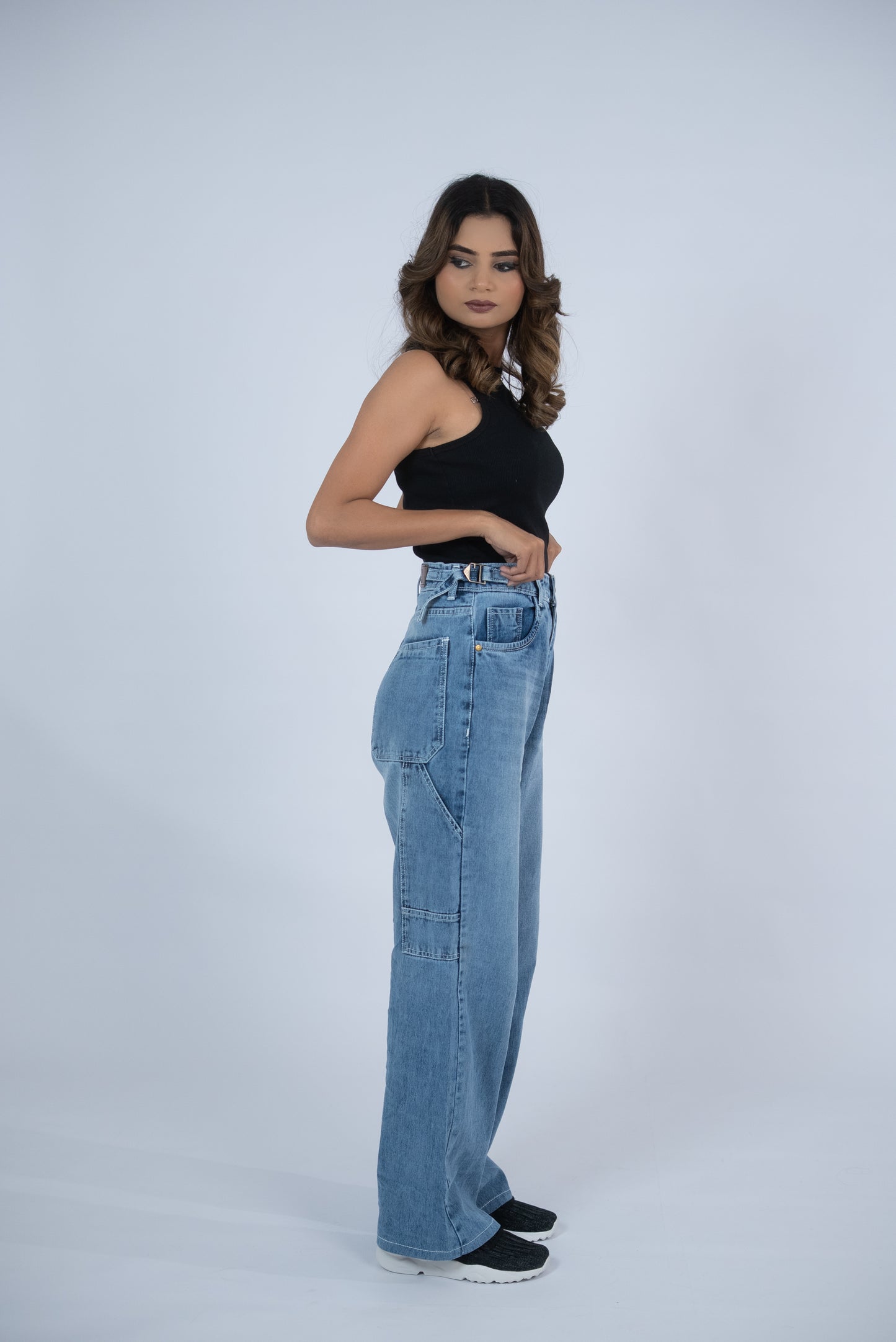 Wide-Leg Buckle Jeans (Light Blue)