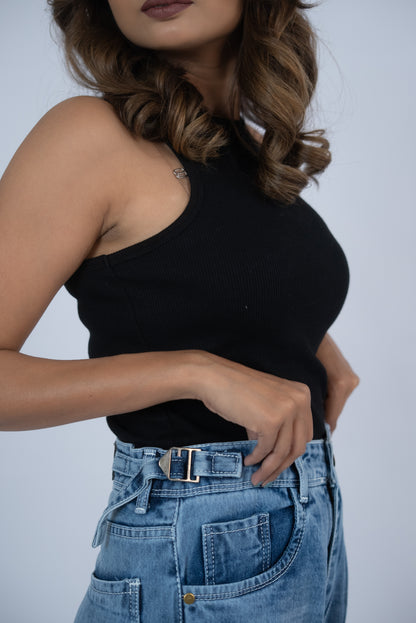 Wide-Leg Buckle Jeans (Light Blue)